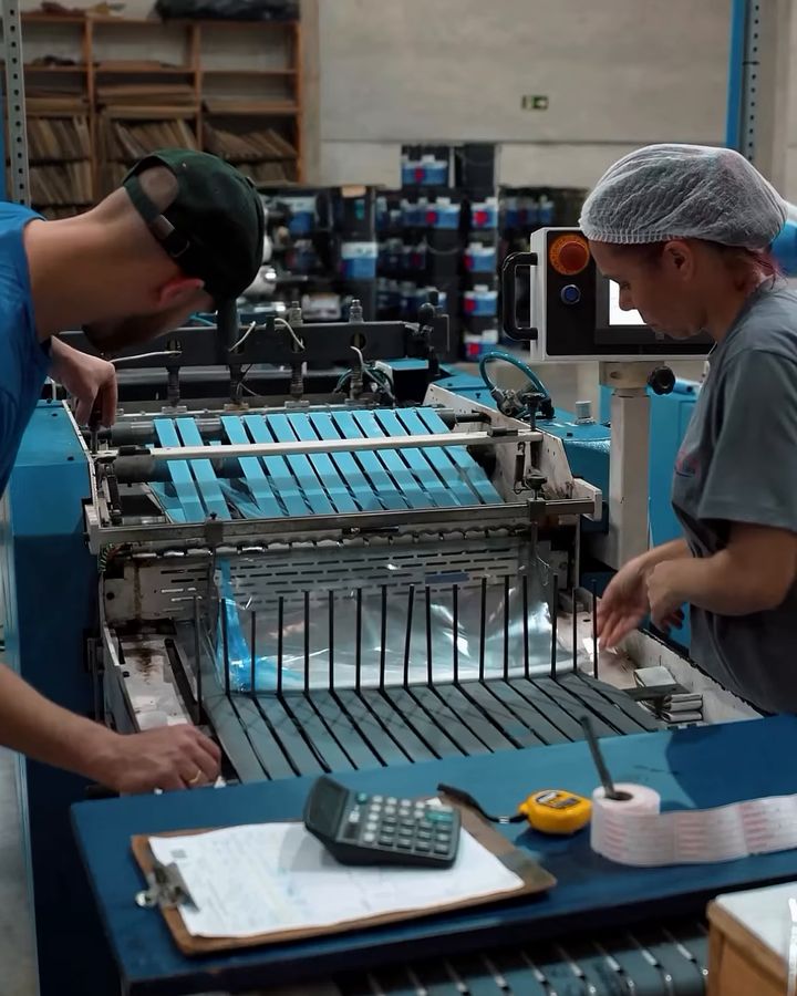 Equipe operando a máquina de corte e solda